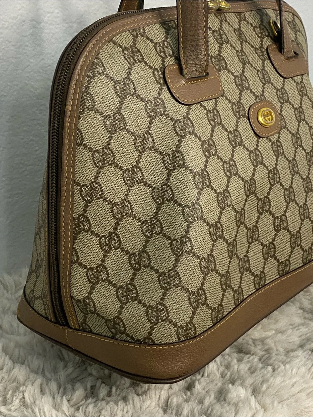Gucci Tan & Beige GG Canvas Satchel with Gold Hardware